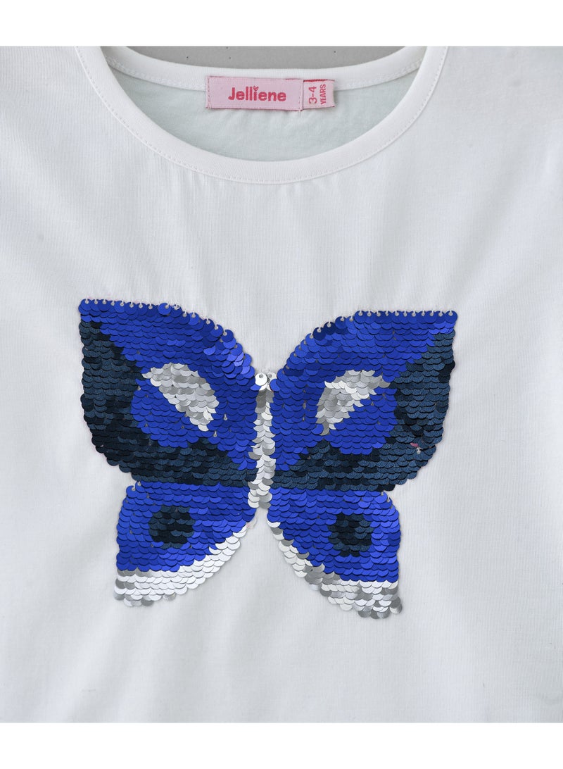 Jelliene Girls White Sequin Butterfly Puff Sleeve Tee - Image 3